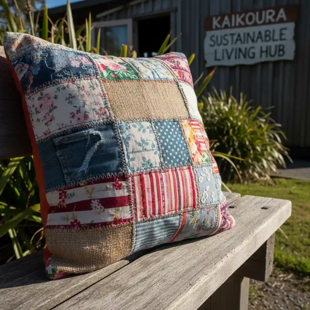 Patchwork cushion from upcycled fabric scraps