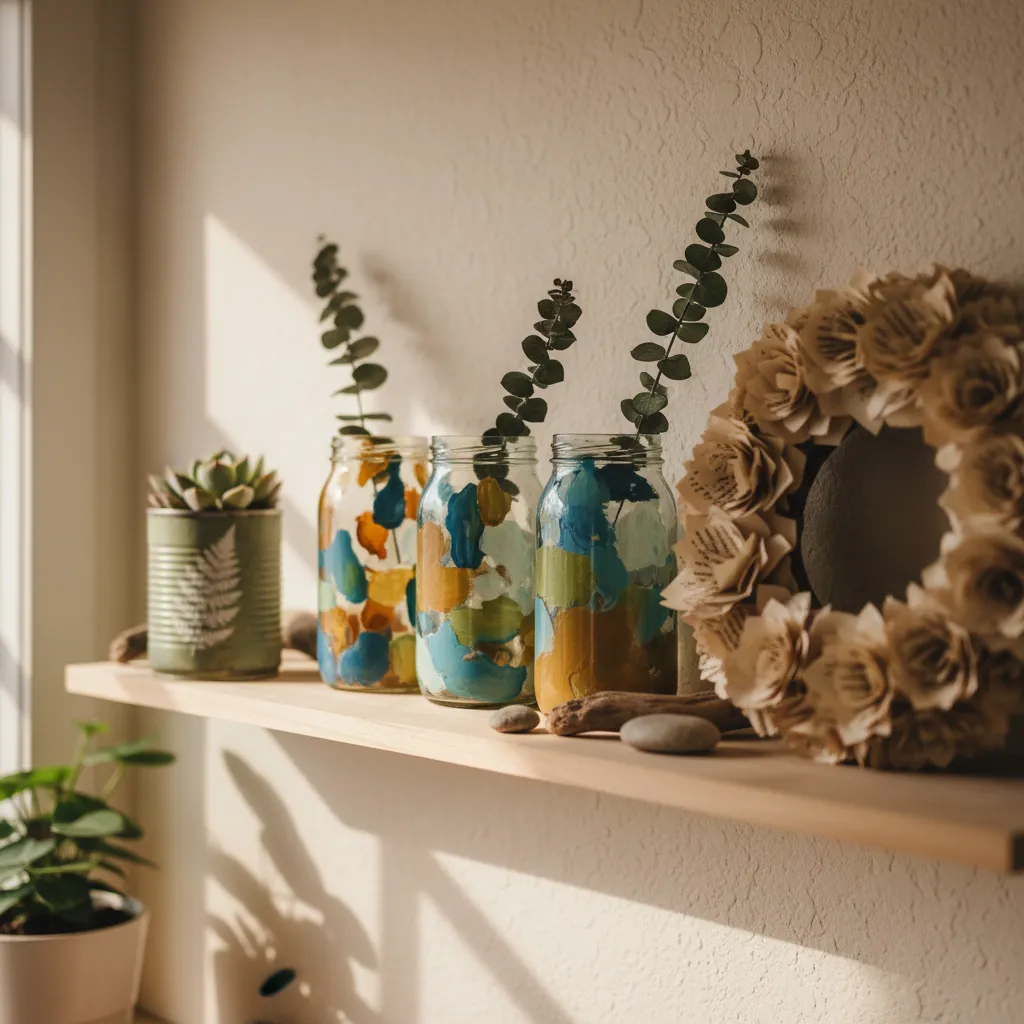 Assorted upcycled home decor items on a shelf