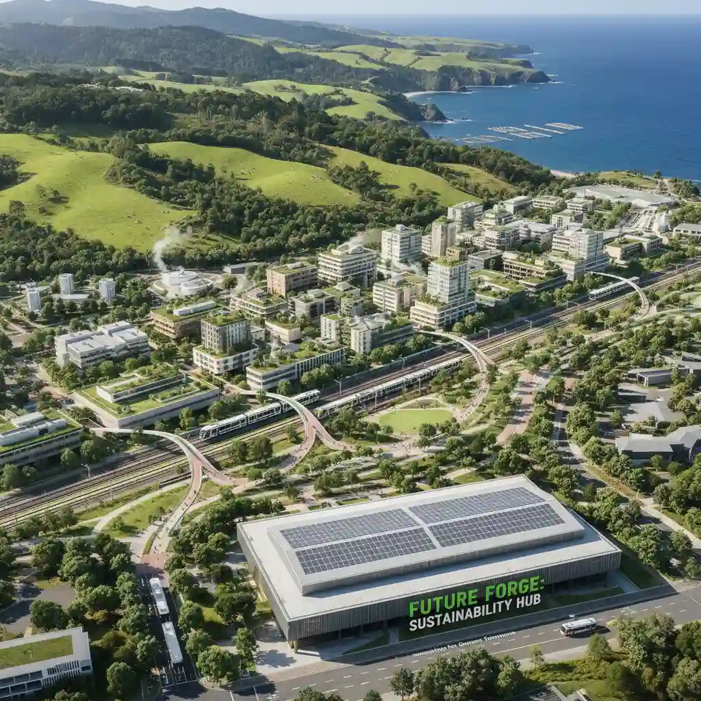 Aerial view of a sustainable New Zealand city with green spaces and efficient transport