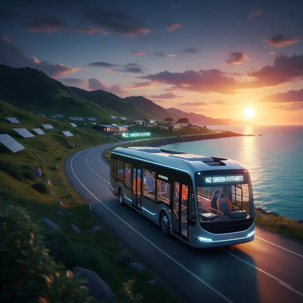 Electric bus on a scenic New Zealand road, showcasing sustainable public transport