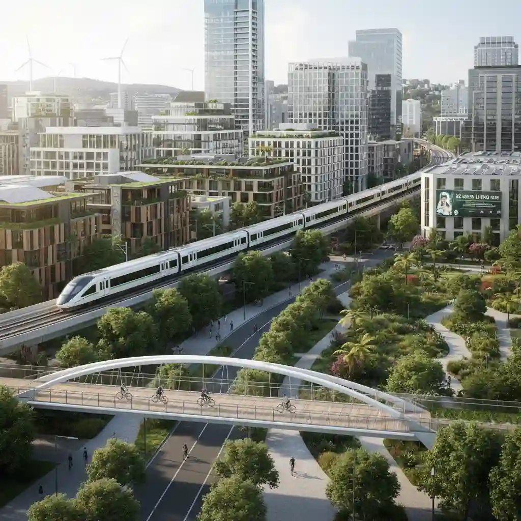 Modern electric trains in New Zealand urban landscape