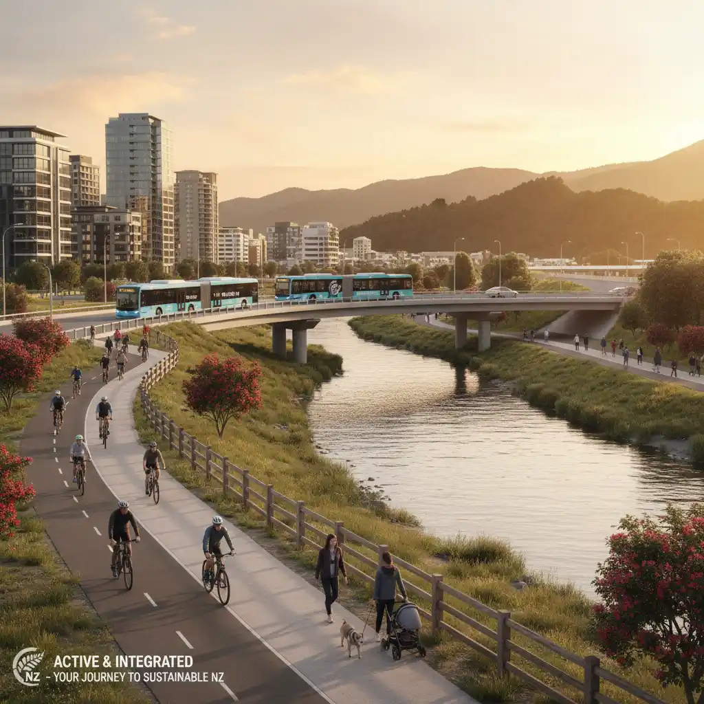 People cycling and walking in a New Zealand city, showcasing active transport