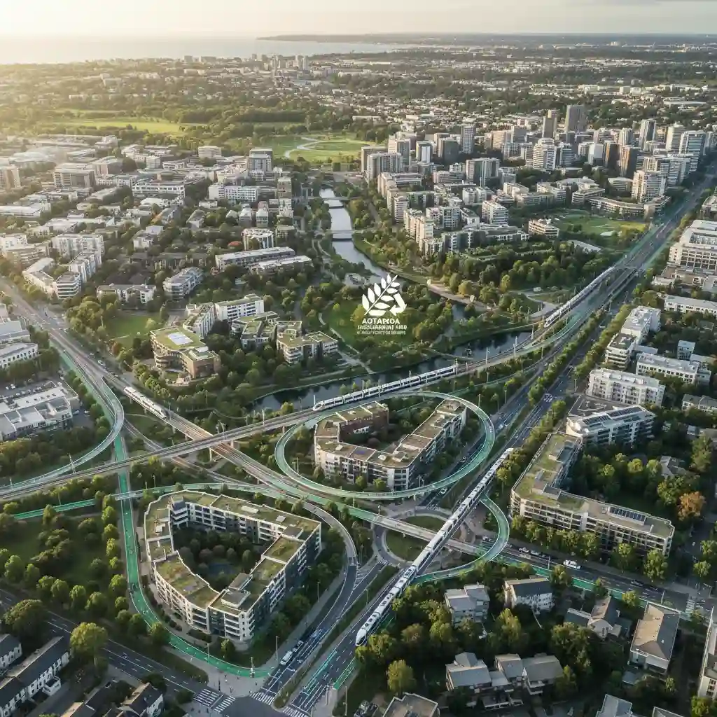 Aerial view of a sustainable New Zealand city with integrated transport