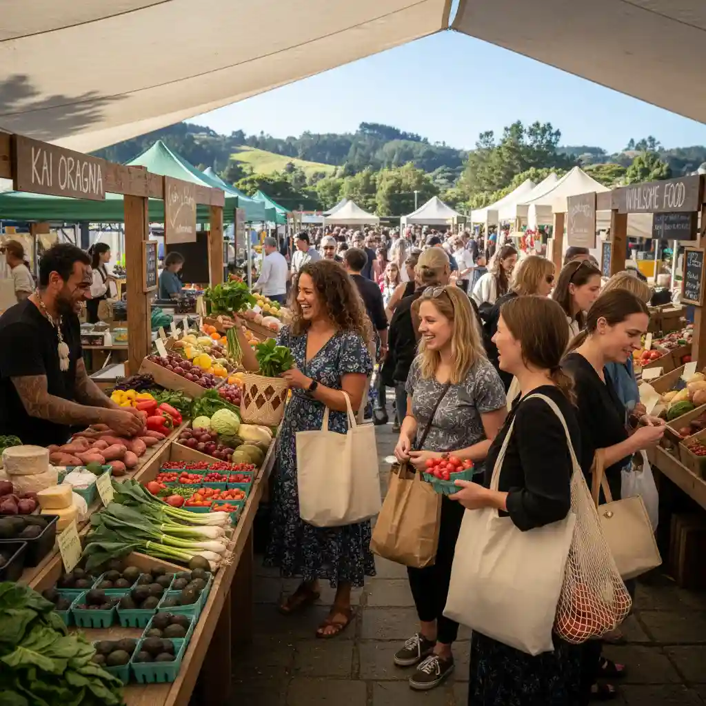 New Zealanders shopping with reusable bags at a local market to reduce plastic waste