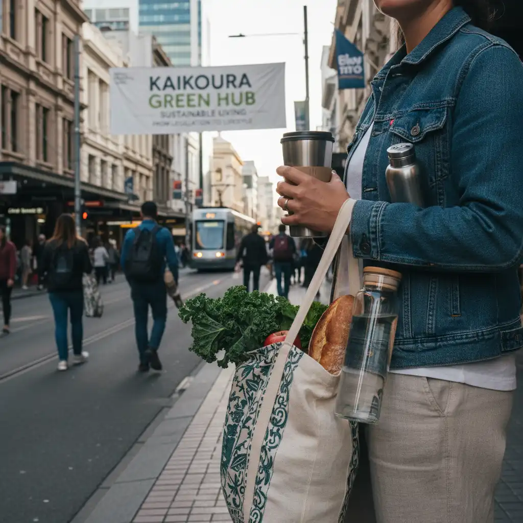 Person showing reusable items like coffee cup and shopping bag to reduce plastic waste