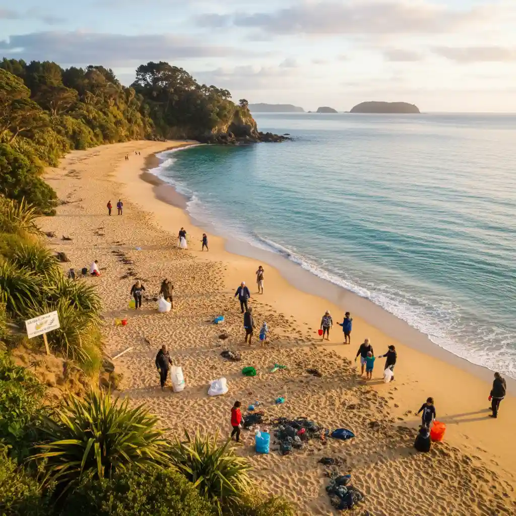 Community group cleaning a New Zealand beach from plastic pollution