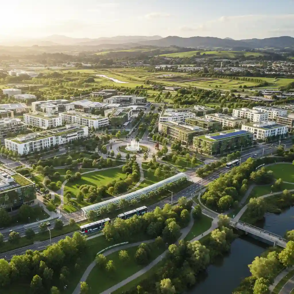 Green urban landscape in New Zealand with sustainable infrastructure
