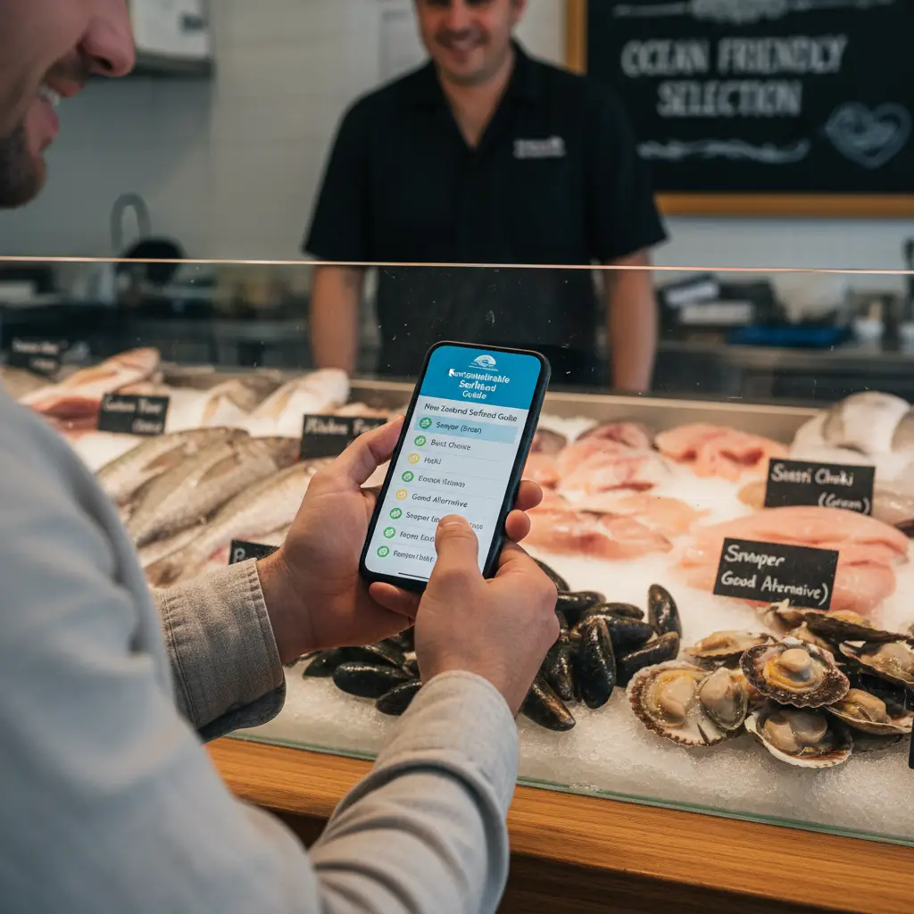 Person using a sustainable seafood guide at a fish market