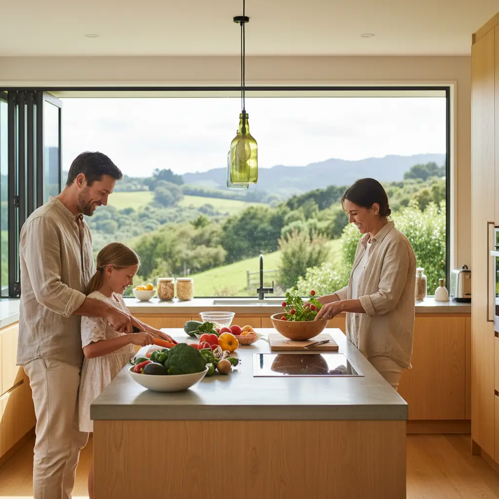 Family preparing a sustainable meal in a New Zealand kitchen