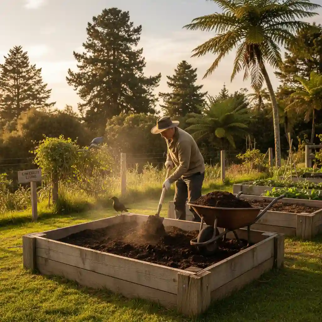 Preparing a raised organic garden bed in New Zealand