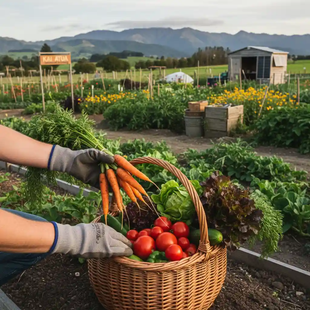 Harvesting organic produce from a New Zealand garden