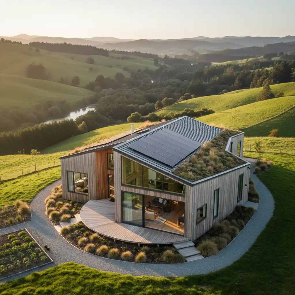 Modern eco-friendly home in New Zealand with natural timber and solar panels