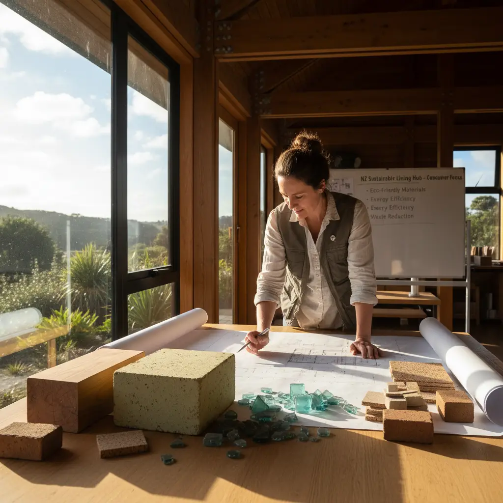 Architect reviewing sustainable home blueprints and material samples
