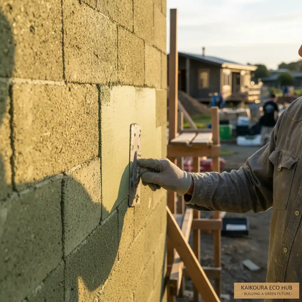 Close-up of hempcrete wall under construction in New Zealand