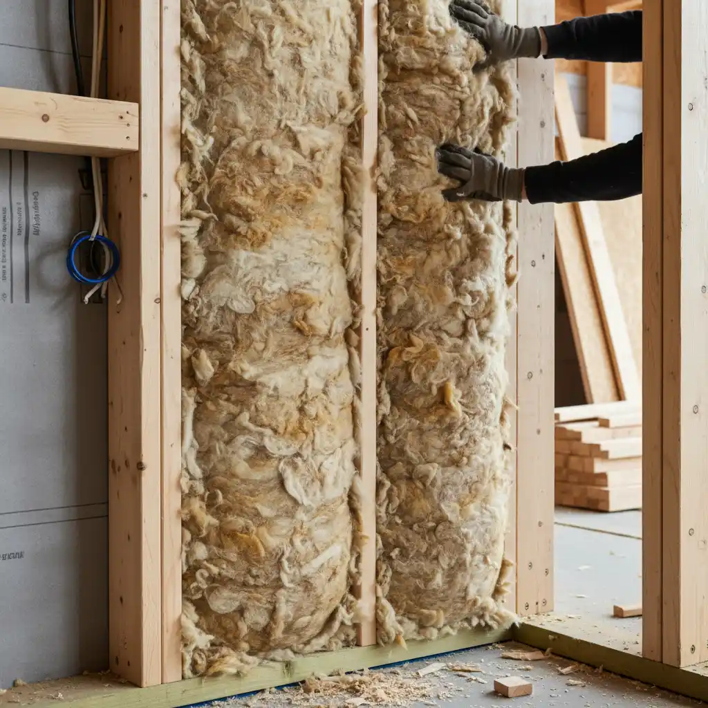 Natural sheep's wool insulation being installed in a wall