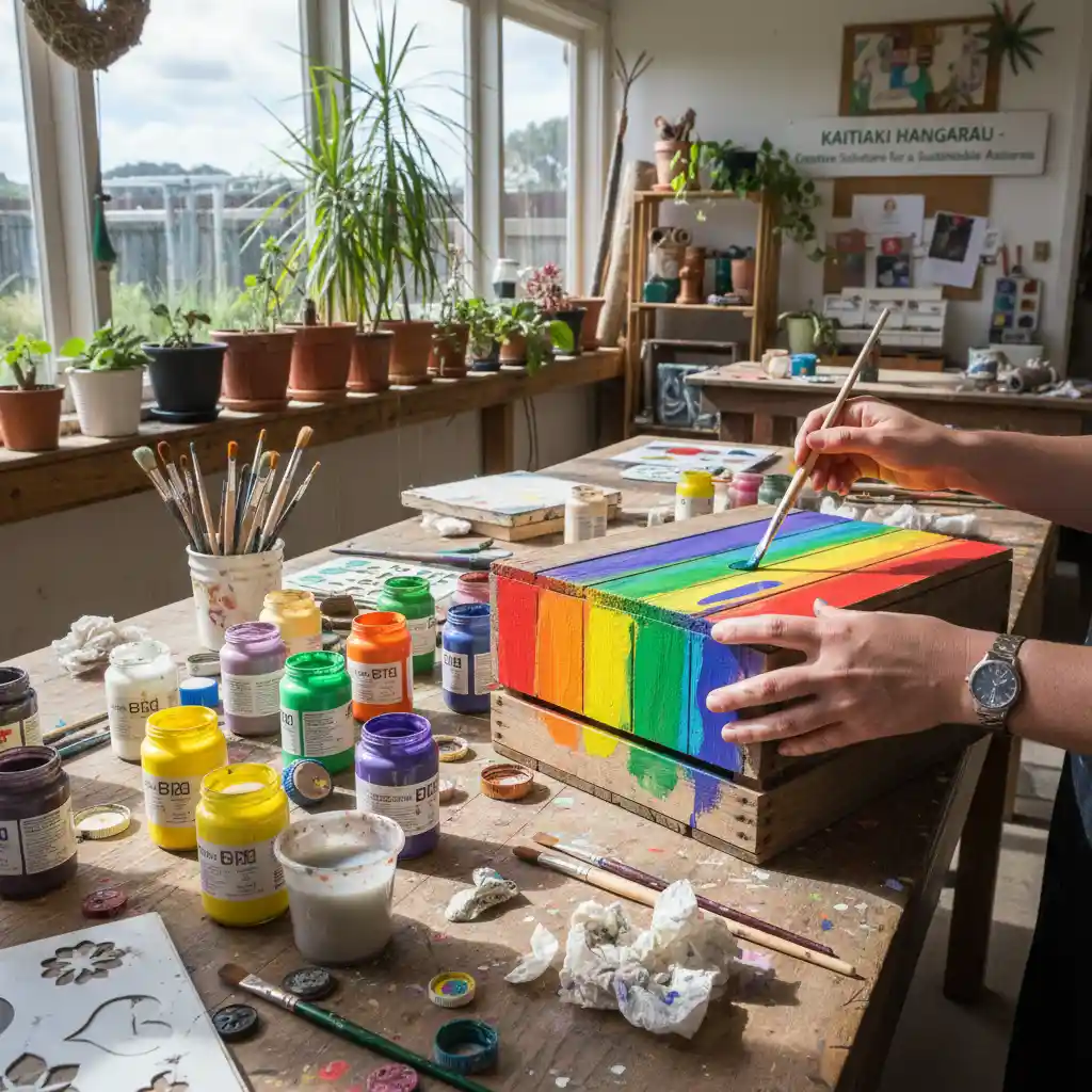 Hands painting an upcycled wooden crate, DIY upcycle projects NZ