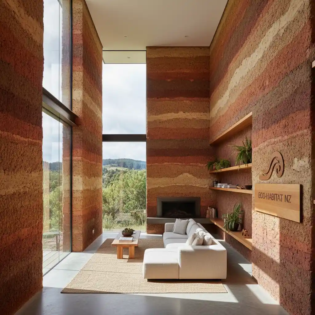 Interior of modern New Zealand home with rammed earth walls