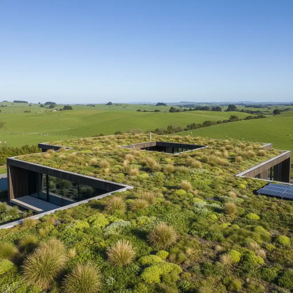 Extensive green roof on a modern New Zealand home, an eco-friendly green roofing solution