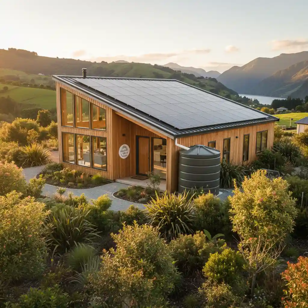 Eco-friendly home with solar panels and native garden in New Zealand