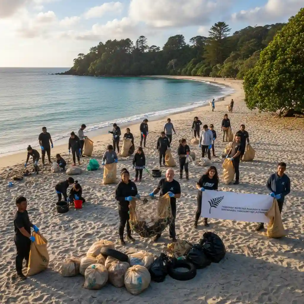 Community volunteers cleaning up a New Zealand beach