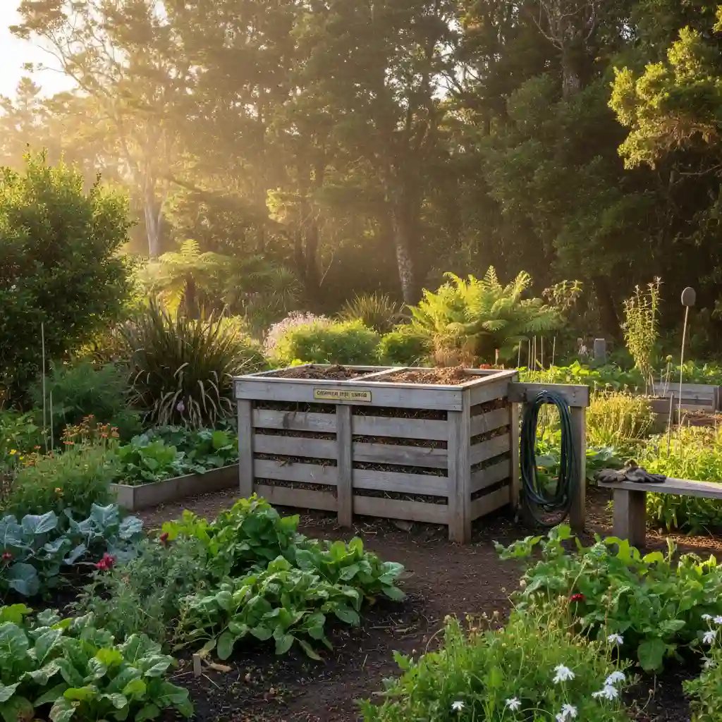 Compost bin in a lush New Zealand garden
