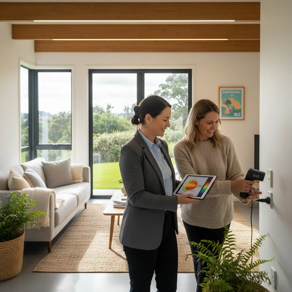 Professional energy auditor explaining home energy audit findings to a New Zealand homeowner