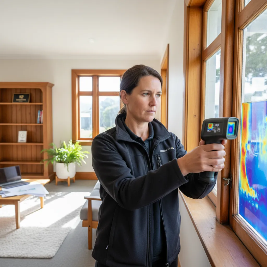 Energy auditor using an infrared camera to find heat leaks