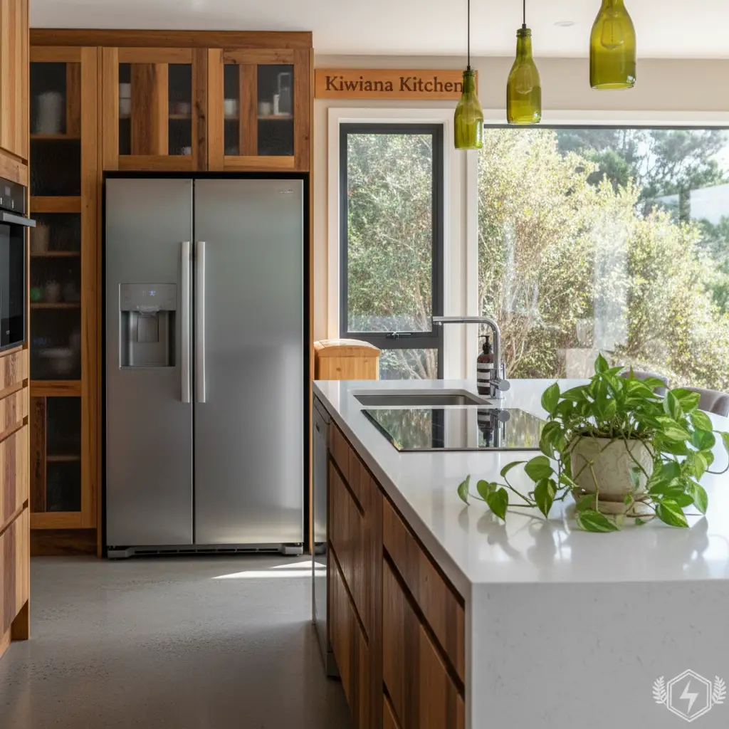 Modern sustainable kitchen with energy-saving appliances in a New Zealand home
