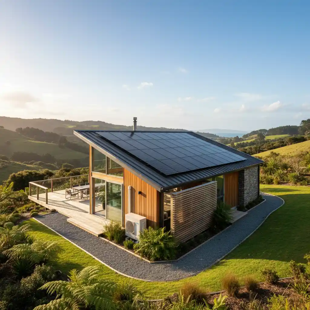 New Zealand home with solar panels and heat pump for energy efficiency