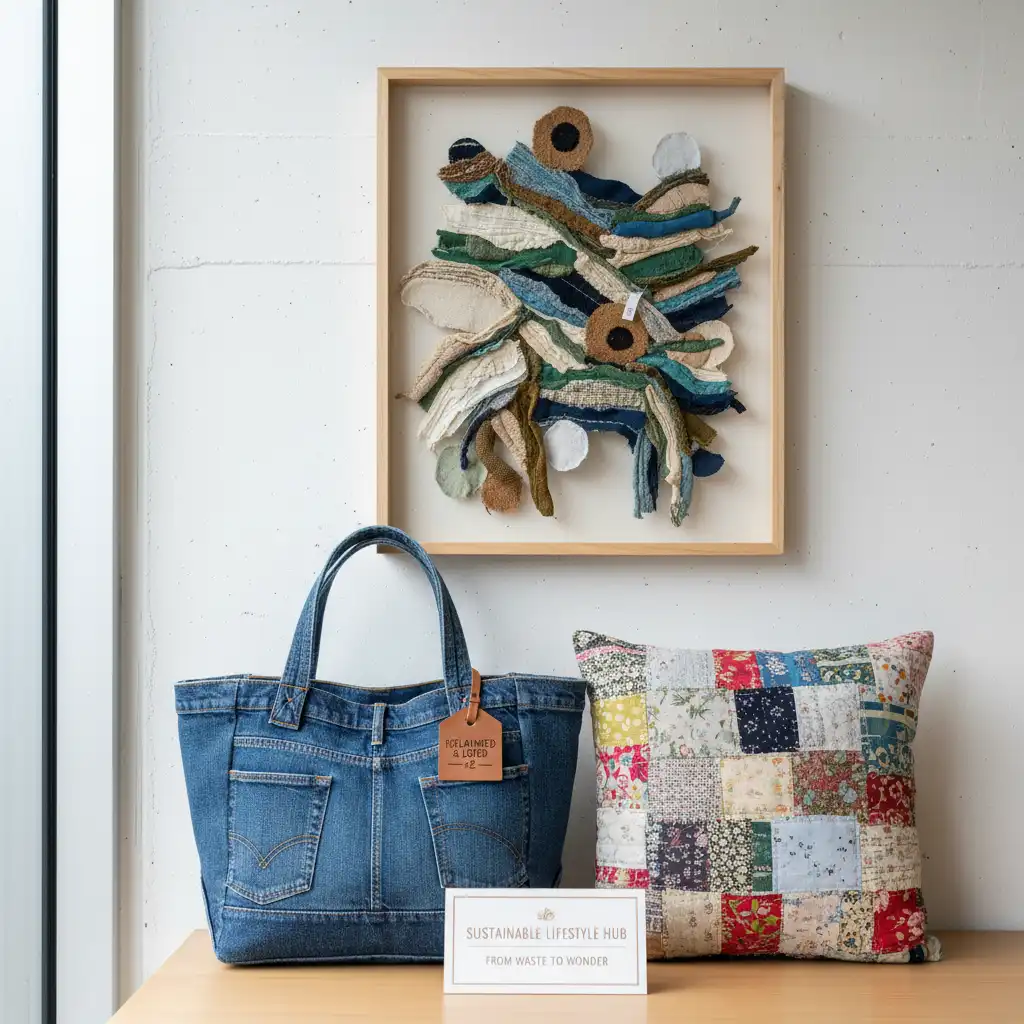 Upcycled textile projects, including a denim tote bag and patchwork cushion, sustainable fashion NZ