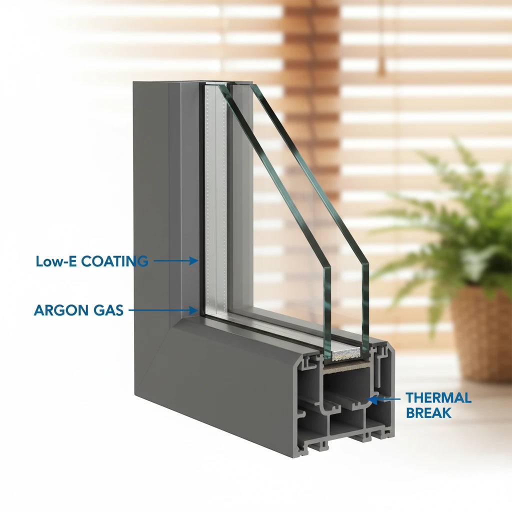 Cross-section diagram of a double-glazed window with argon gas and Low-E coating