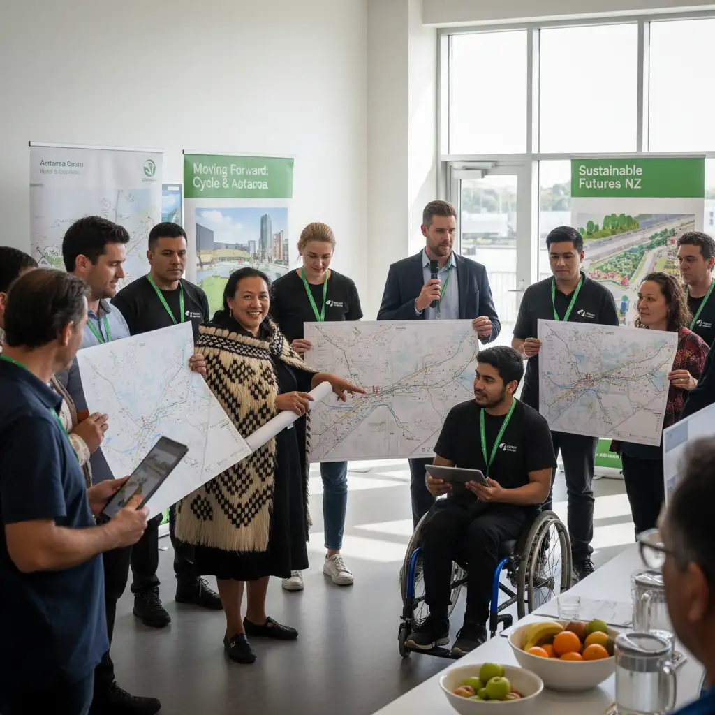 Community engagement meeting discussing active transport plans in New Zealand