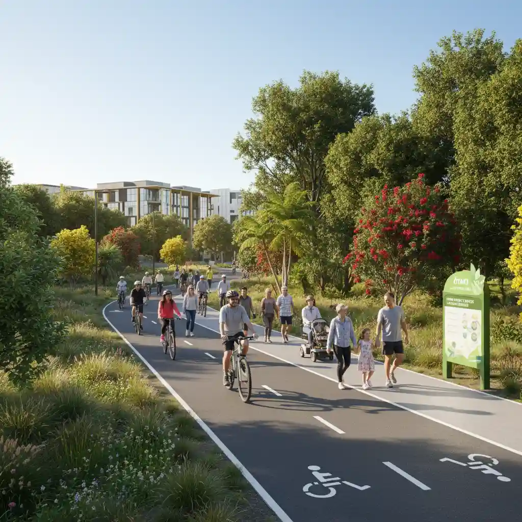 Diverse community enjoying a shared cycling and walking path in a park, promoting social equity in active transport