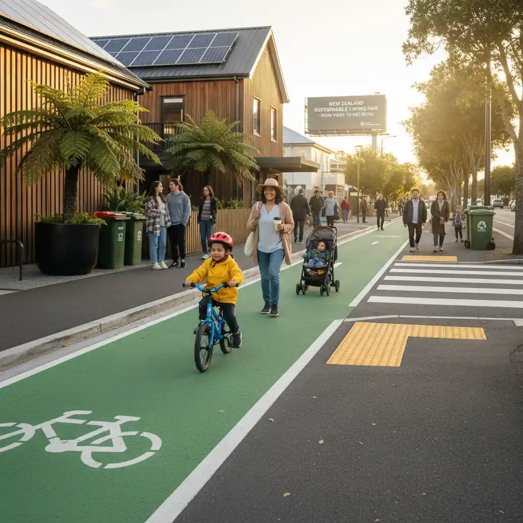 Child and parent on safe, accessible cycling and walking infrastructure, promoting family-friendly active transport