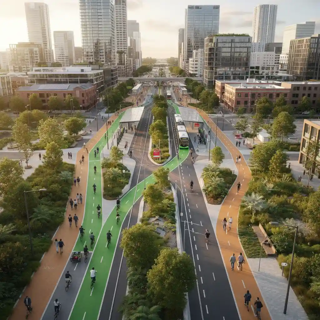 Vibrant interconnected network of cycling and walking paths in an urban environment