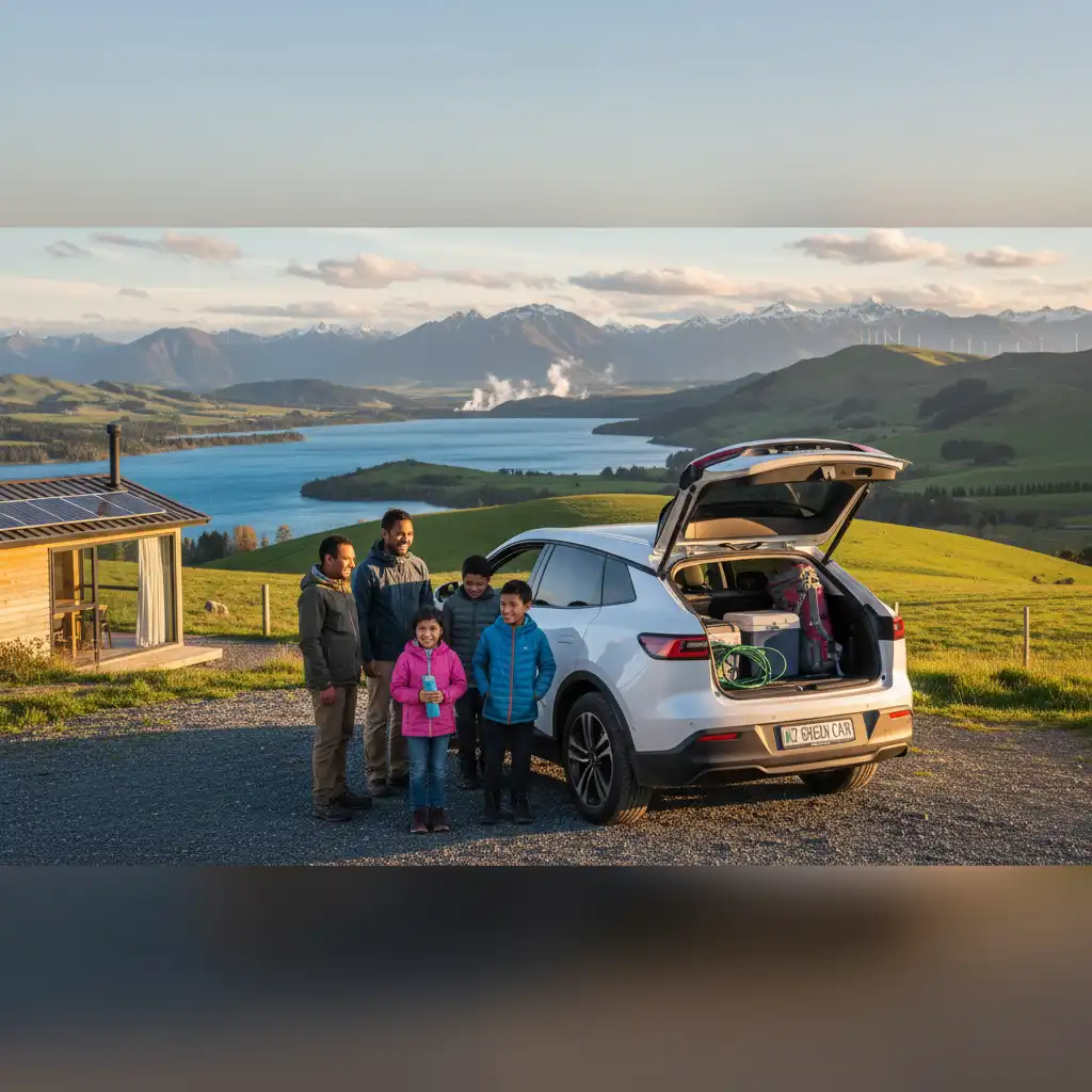 Family enjoying sustainable travel with an electric SUV in New Zealand