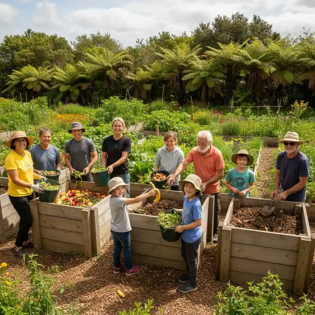 Community composting hub in New Zealand with volunteers