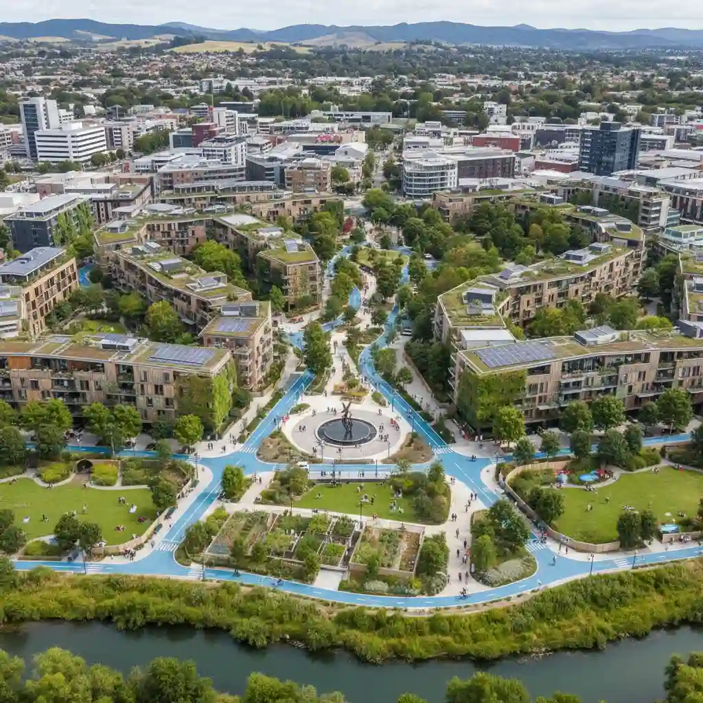 Sustainable urban planning with bike lanes and green spaces