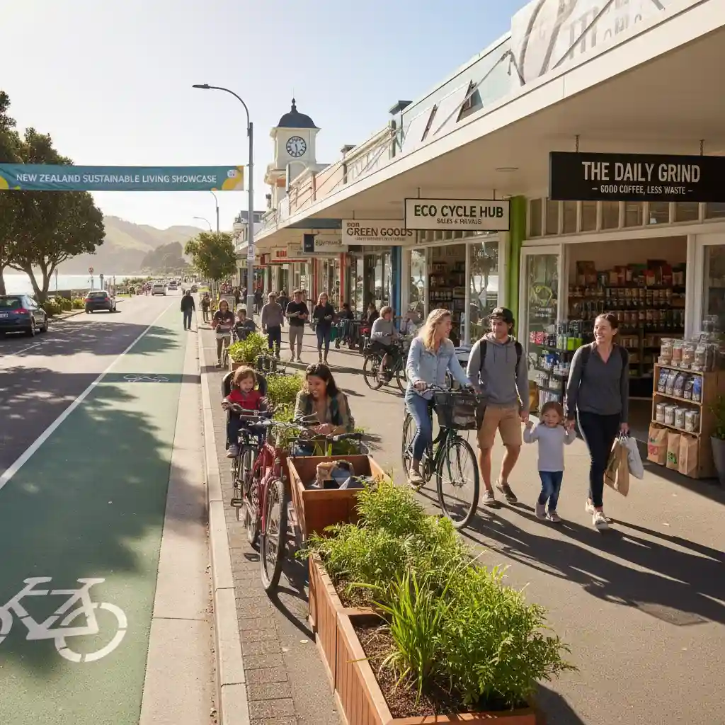 Cyclists boosting local retail on a vibrant high street in New Zealand