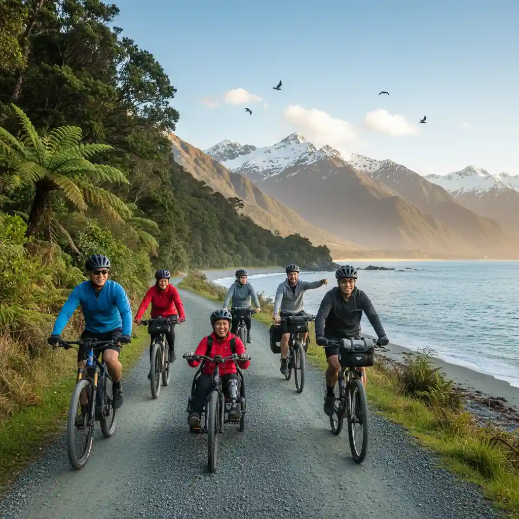 Cycling tourists exploring a scenic New Zealand Great Ride trail