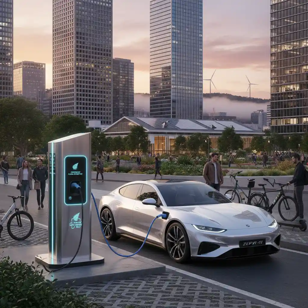 Electric vehicle charging at a public station, symbolizing EV adoption and infrastructure.