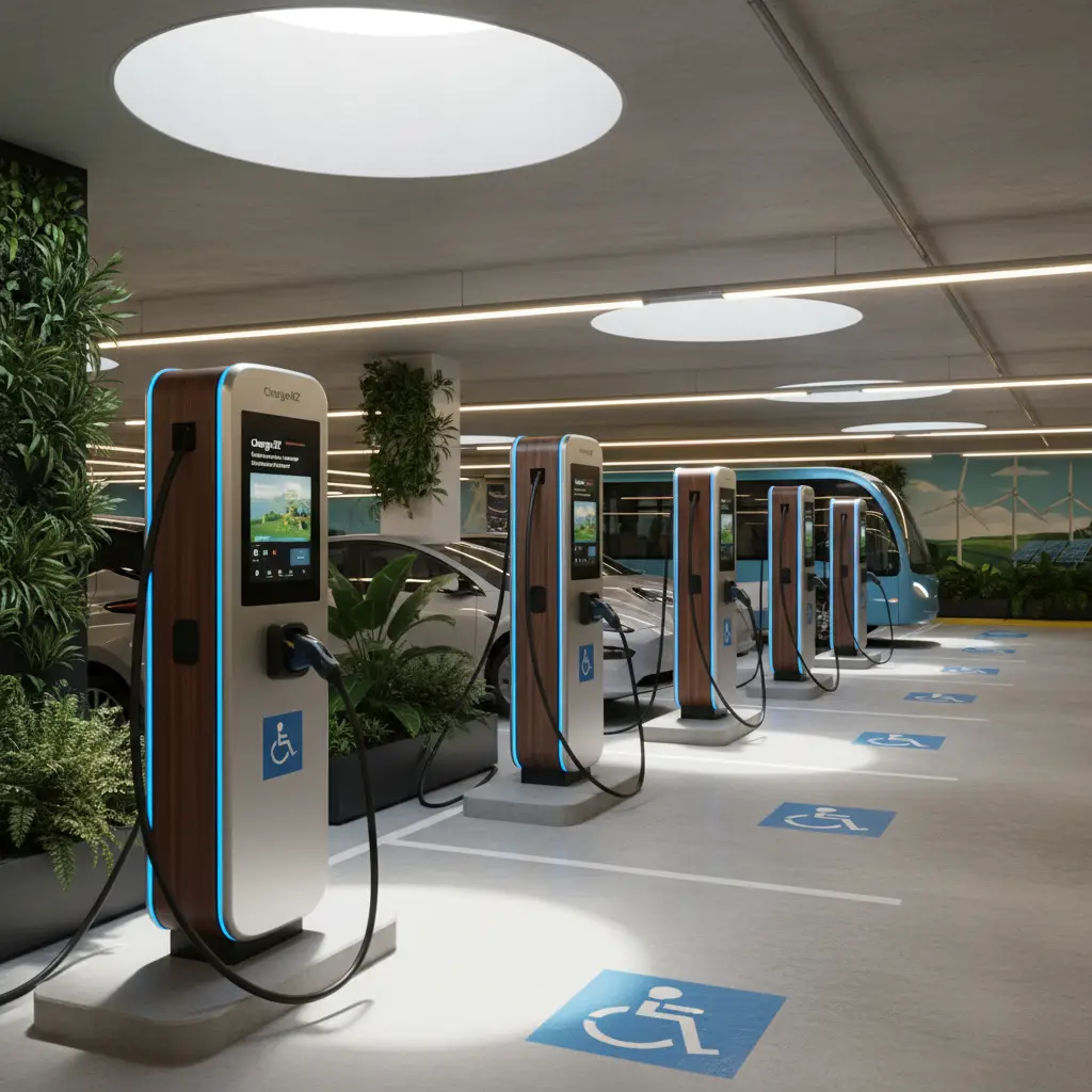 Multiple electric car charging points in a modern parking garage.