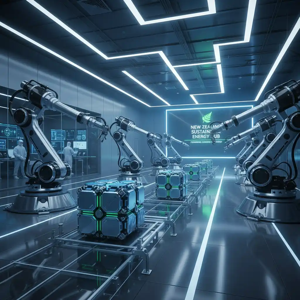 Robotic arms assembling electric vehicle batteries in a high-tech factory.