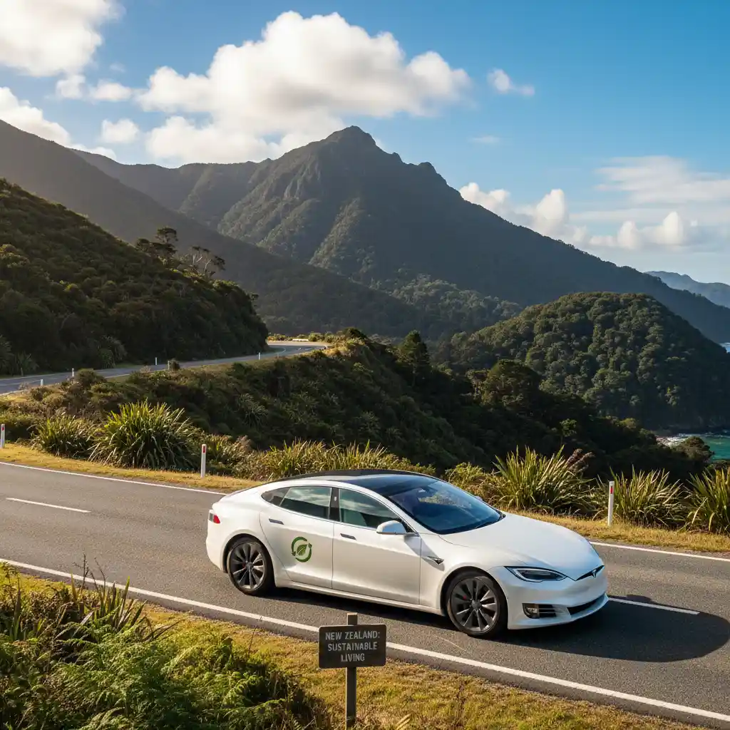 Electric vehicle driving on a scenic New Zealand road, showcasing sustainable transport.