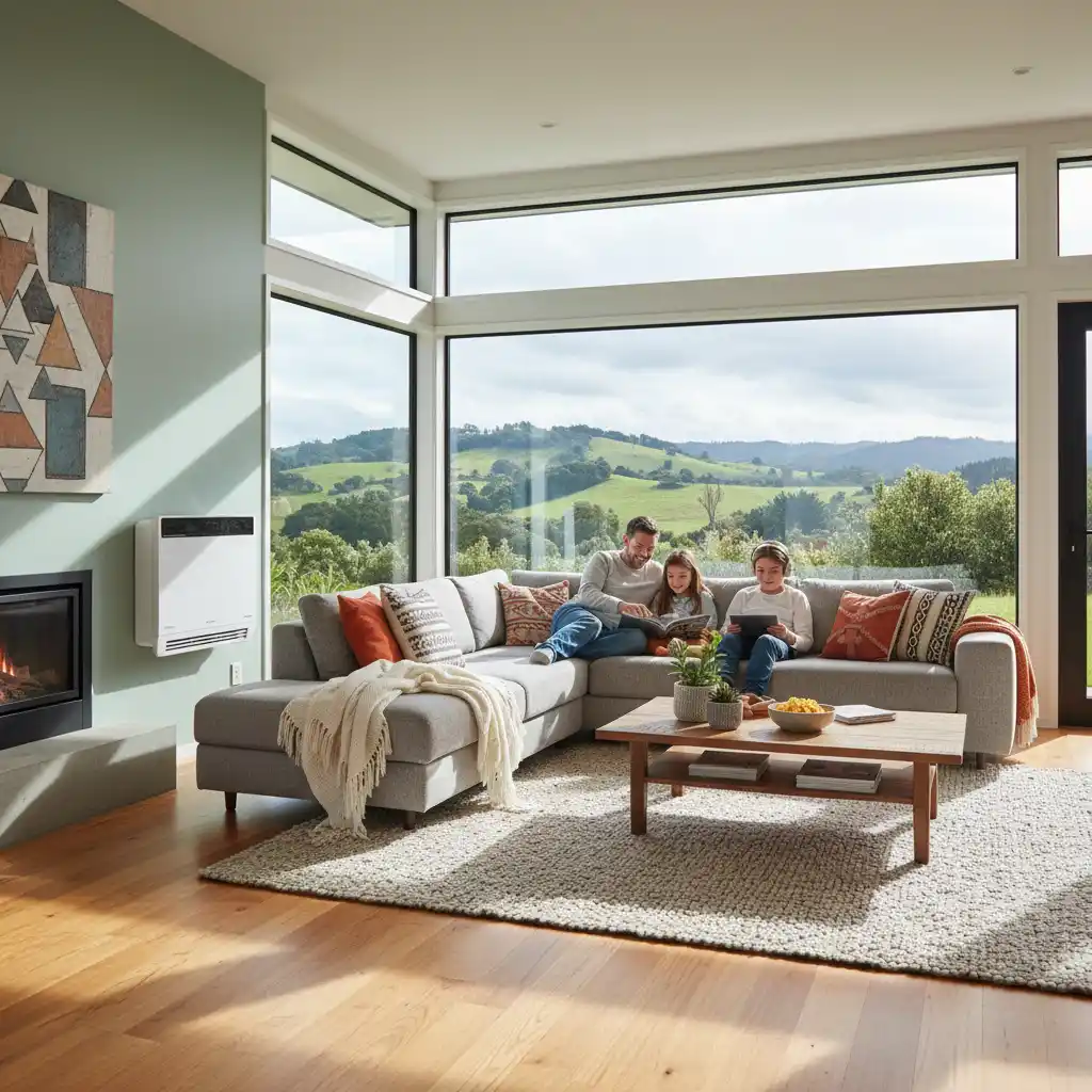 Cozy New Zealand living room, boosting home energy efficiency