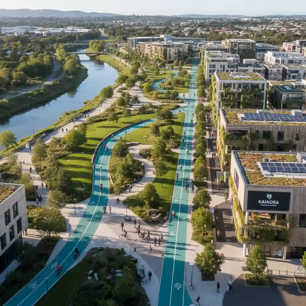 Aerial view of a city showcasing excellent urban planning for cycling and walking infrastructure
