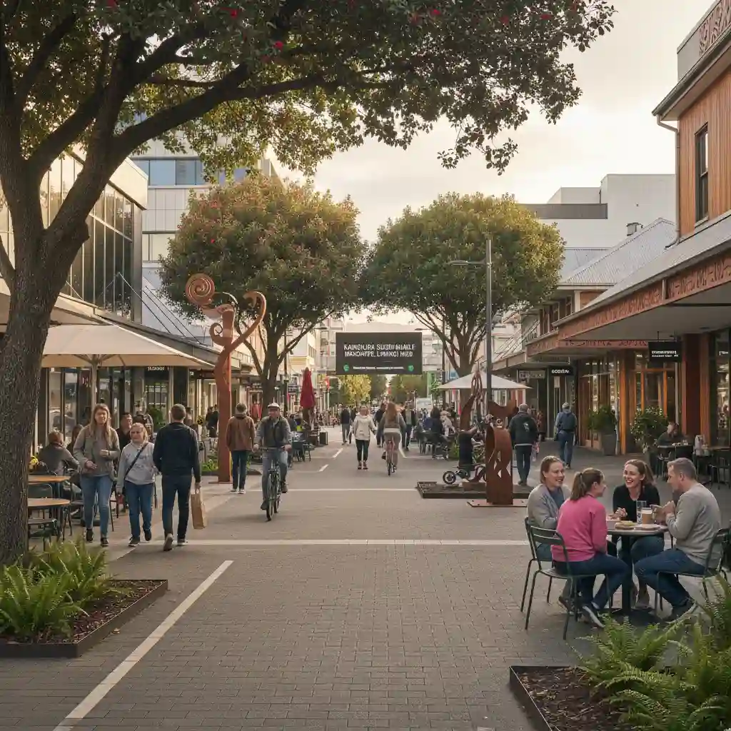 Pedestrian-friendly city street in New Zealand with cafes and shops