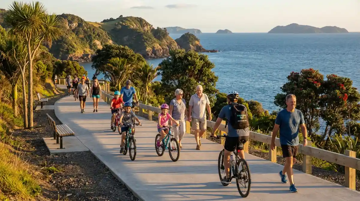 New Zealanders enjoying a coastal cycle and walking path