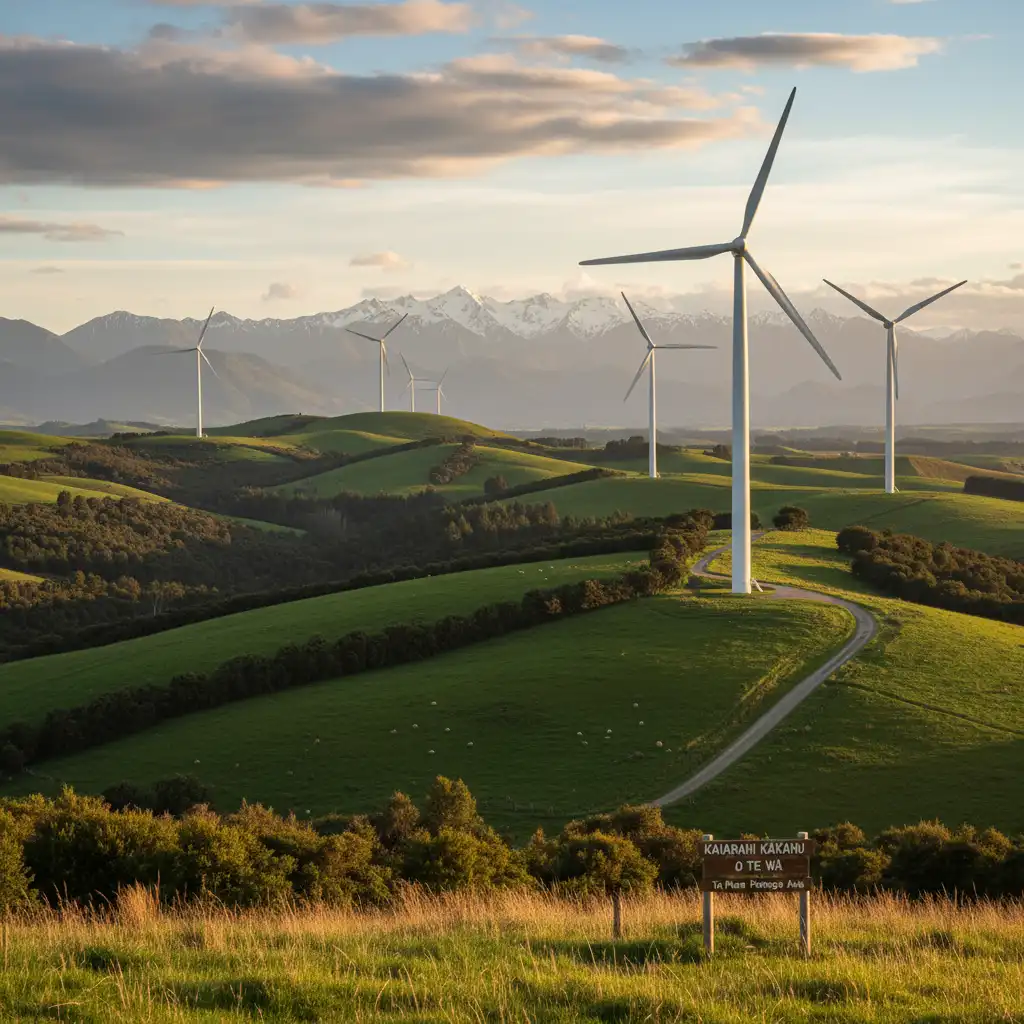 Wind turbines generating clean energy in New Zealand as a climate solution