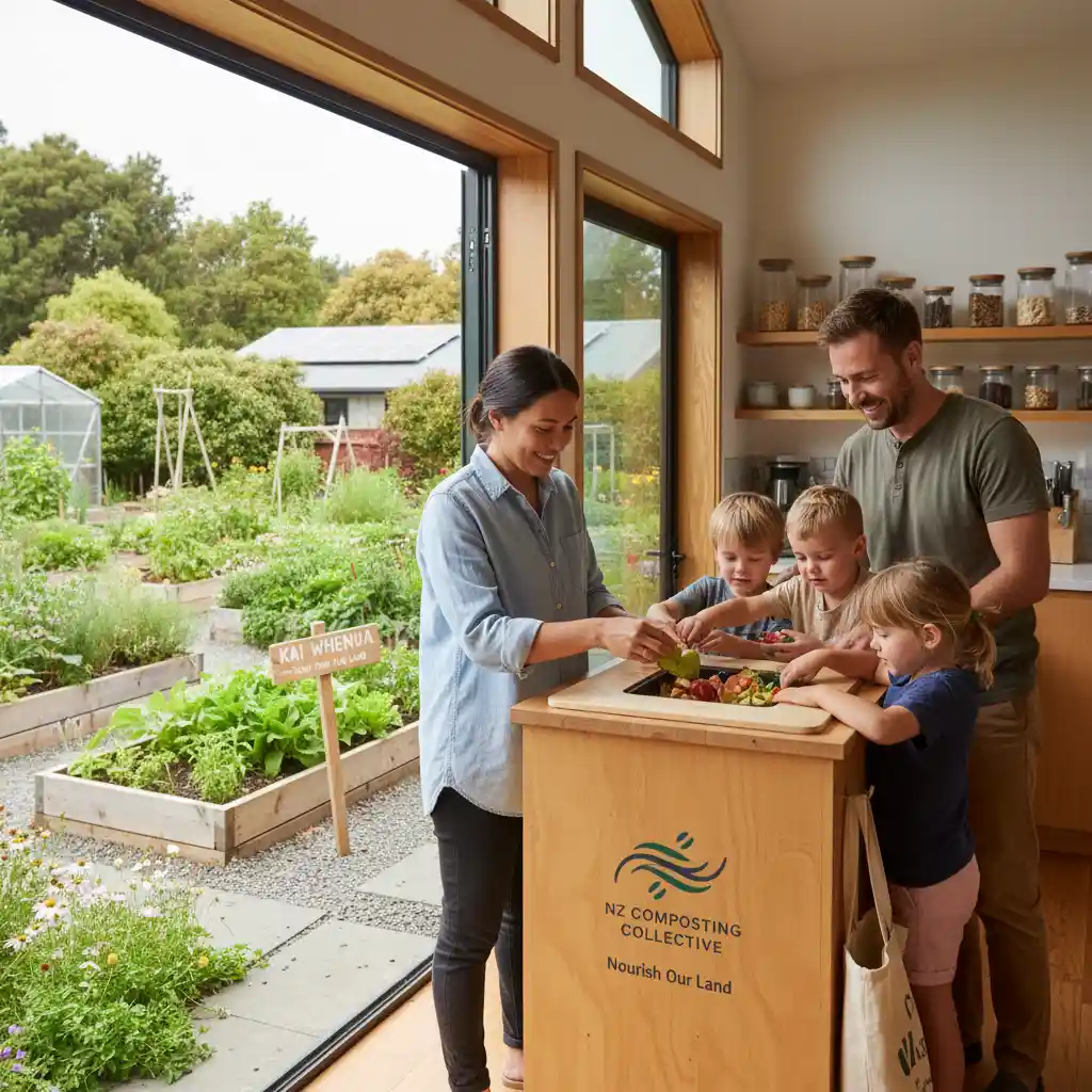 Family composting in New Zealand, demonstrating sustainable waste management